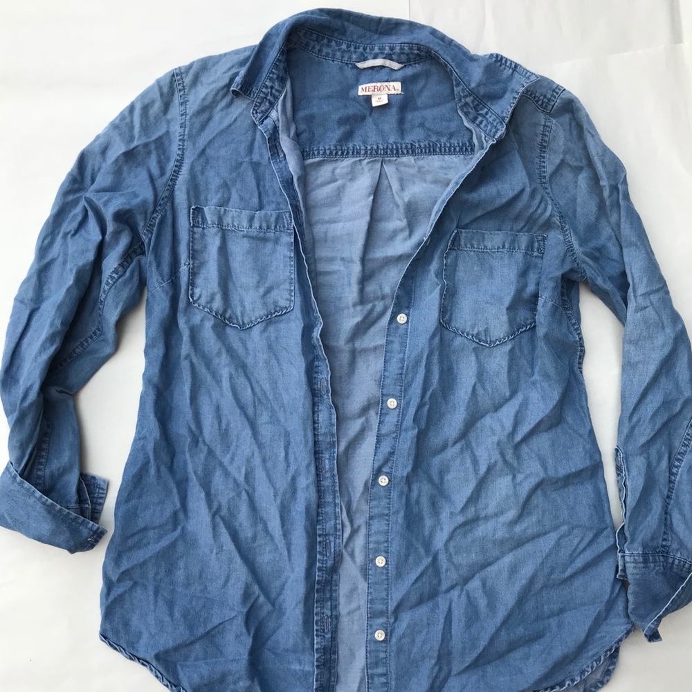 Blue wash jean button down top